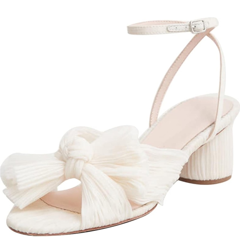 Sandals Pleated Bow Ankle Strap Open Toe High Block Heels - Ivory